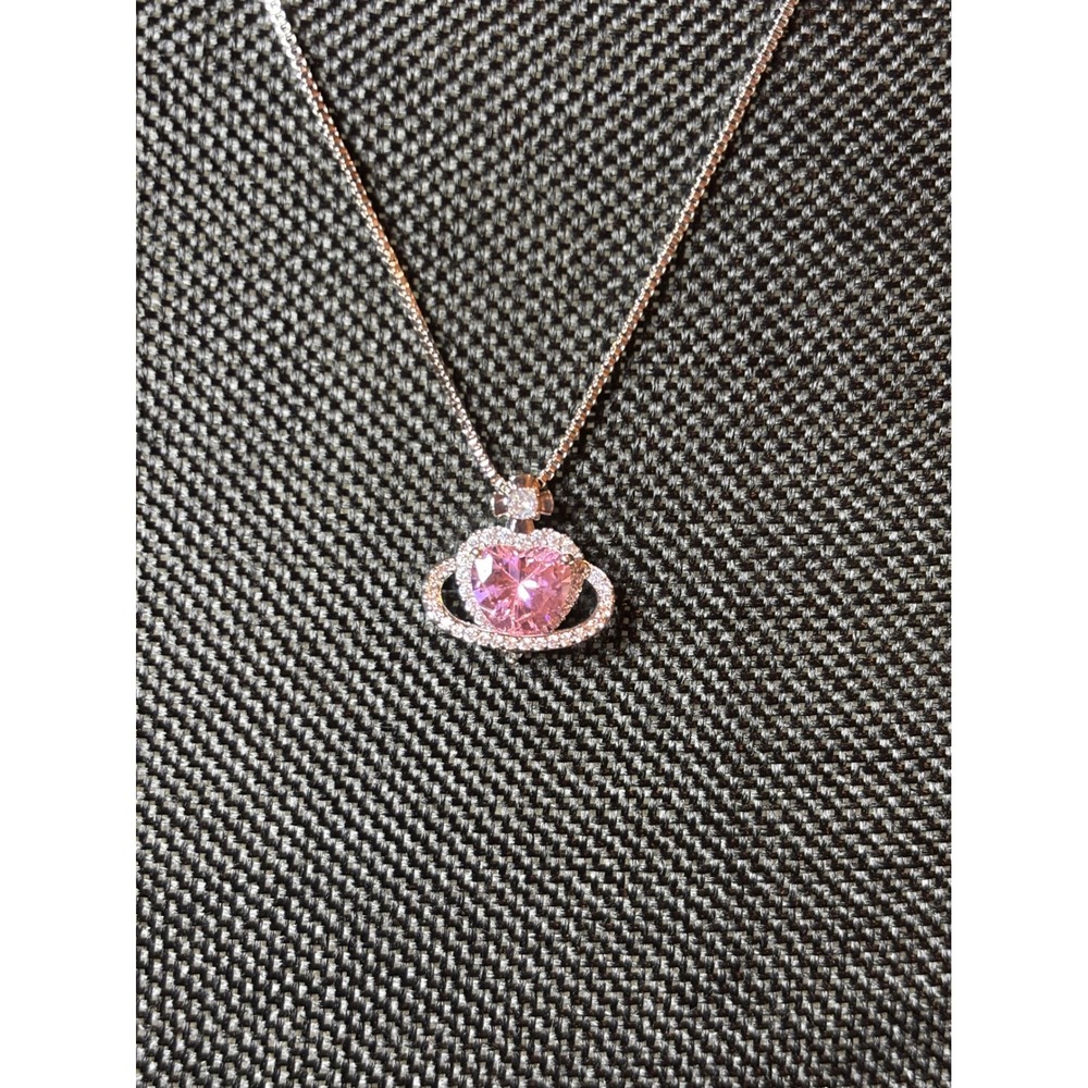 Pink Heart Planet Orb Pendant Necklace Sterling Silver Box Chain Adjustable